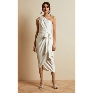 Ted‎ Baker Gabie One Shoulder Drape Wrap Midi Dress w/Belt Ivory White Womens 4